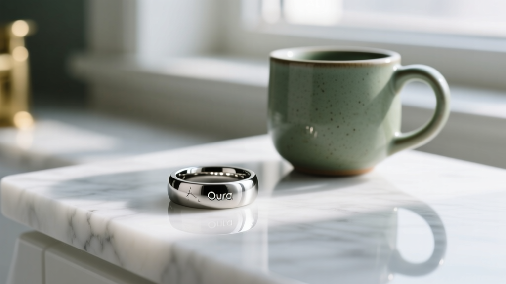 Close-up macro shot of the titanium finish on the Oura Ring Gen 4 resting on a marble vanity next to a ceramic matcha mug
