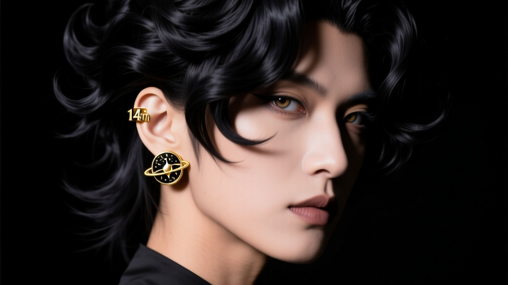Cosplayer wearing a 14mm gold-plated potara ear cuff on the left ear, styled with a dark wig and dramatic studio lighting.