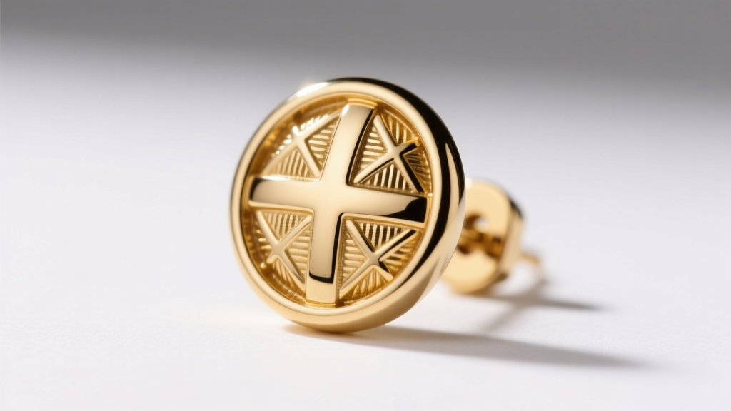Macro shot of a 12mm Florentine 14k gold button earring showing cross-hatched engraving patterns under bright studio light.