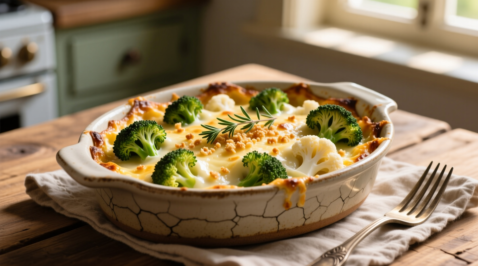 Golden broccoli cauliflower gratin in ceramic dish