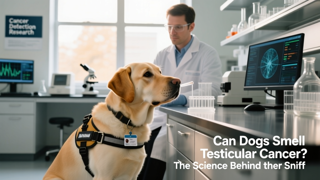 A calm, focused service dog working alongside a medical researcher in a clean lab setting