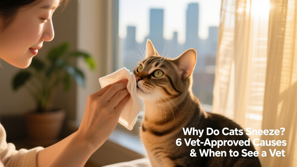 Cat owner gently wiping their cat's nose with a soft, damp cloth near a window with natural light