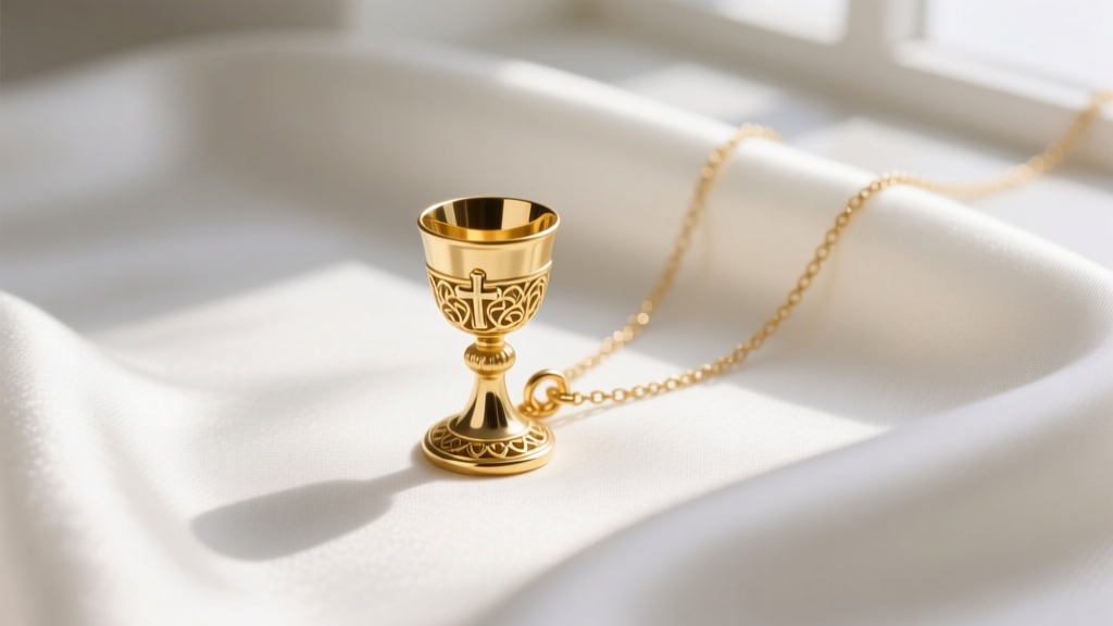 Delicate 14k yellow gold eucharist necklace with a small chalice pendant resting softly on a white silk fabric background