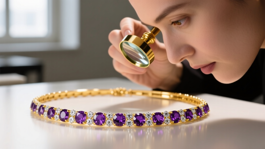 Jeweler inspecting a row of pave-set melee diamonds on an 18k yellow gold amethyst necklace using a 10x loupe.