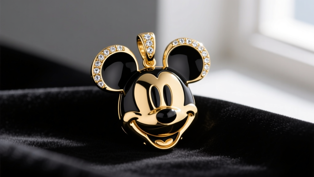 Close-up of a 14k gold Mickey Mouse pendant with black cold enamel and micropave diamond ears resting on dark velvet cloth.