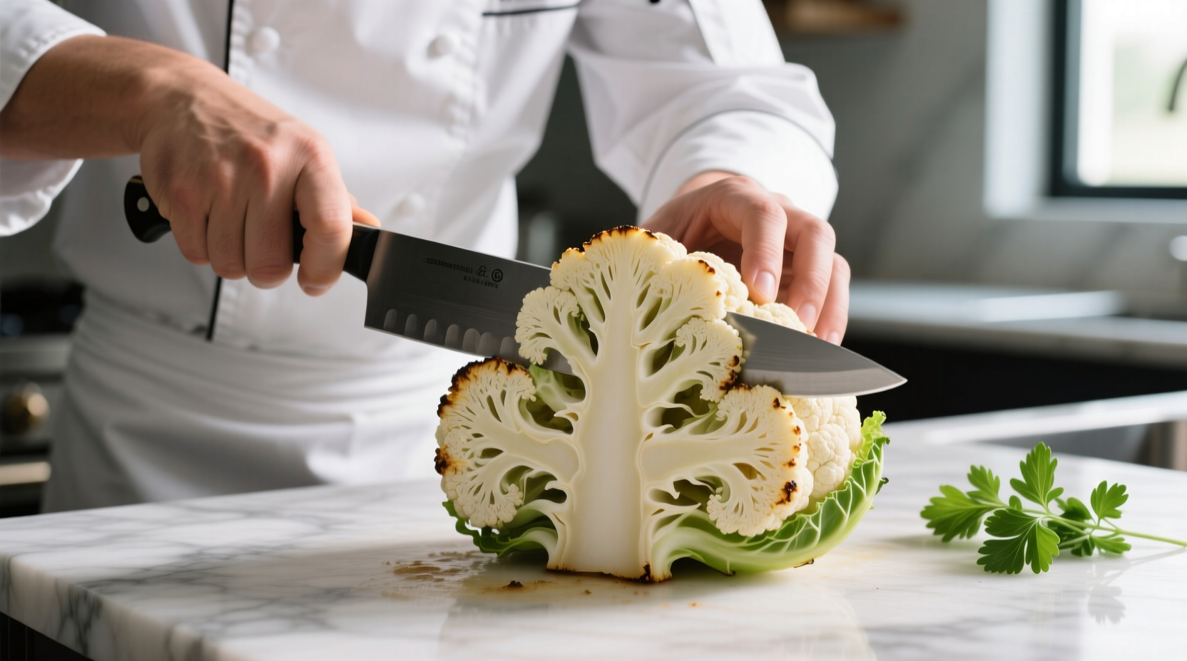 Chef cutting thick cauliflower steak slices vertically