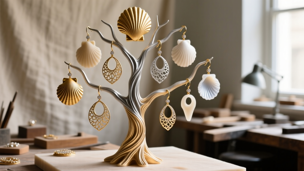 Jeweler workbench displaying a lost-wax casting tree with delicate shell earring molds, ready for the investment flask process.