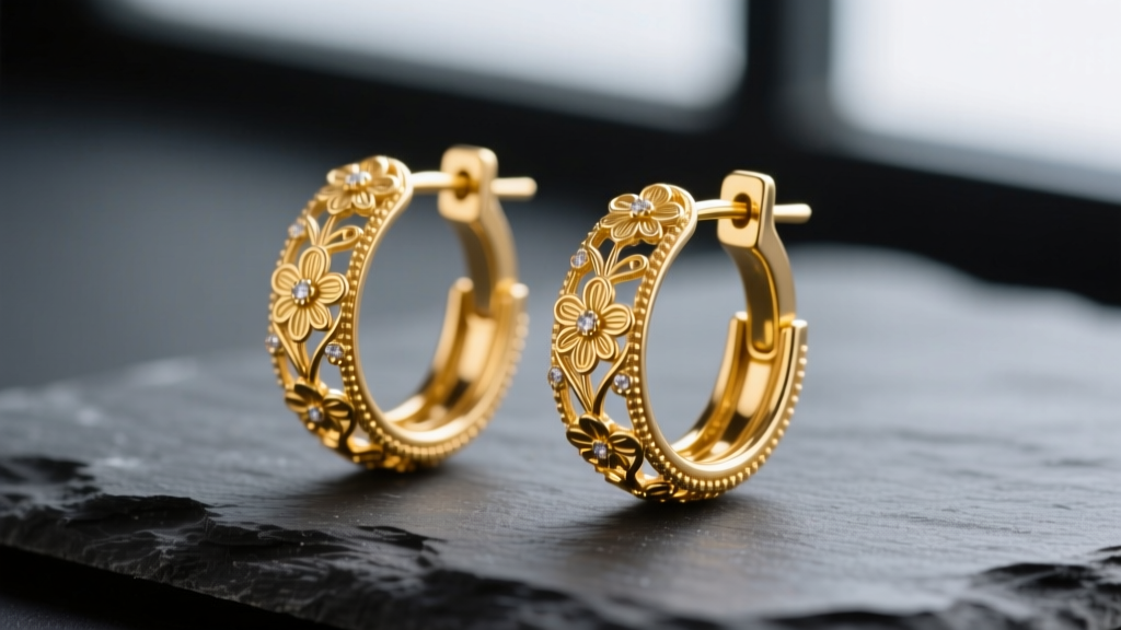 Close-up of 14k yellow gold filigree hoop earrings on dark slate, highlighting delicate 26-gauge floral wirework and secure clasp