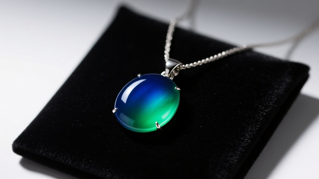 Close-up of a mood necklace pendant shifting from blue to vibrant green on a dark velvet display pad under soft studio lighting.