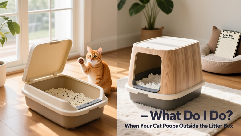 Side-by-side comparison of two litter boxes: one low-entry and open, one high-sided and covered, both with fresh litter