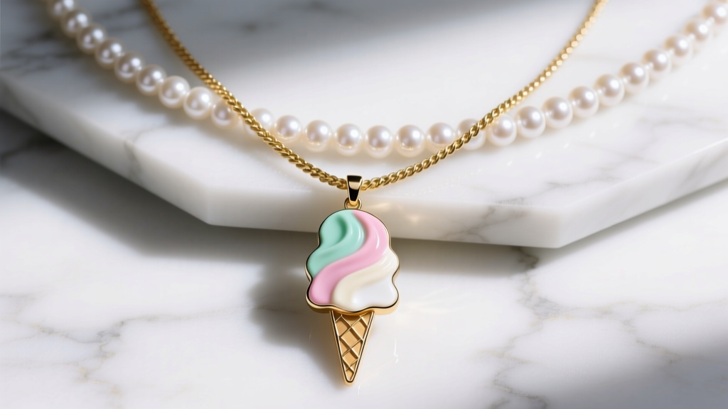 Overhead flatlay of an ice cream pendant necklace layered with a freshwater pearl choker and a 20-inch gold rope chain on marble