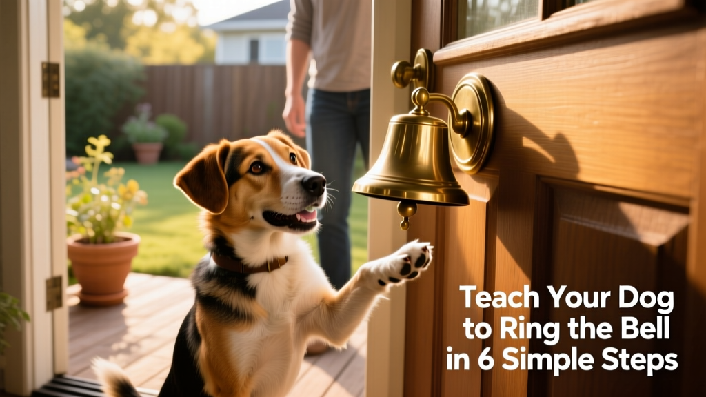 A happy medium-sized dog standing beside a mounted bell, looking expectantly at their owner after ringing it, with the back door slightly ajar