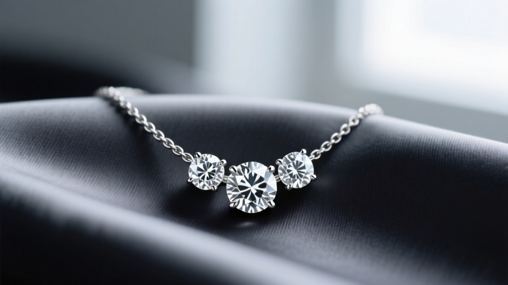 Close-up of a platinum past present future necklace with three round brilliant diamonds resting on dark charcoal silk fabric.