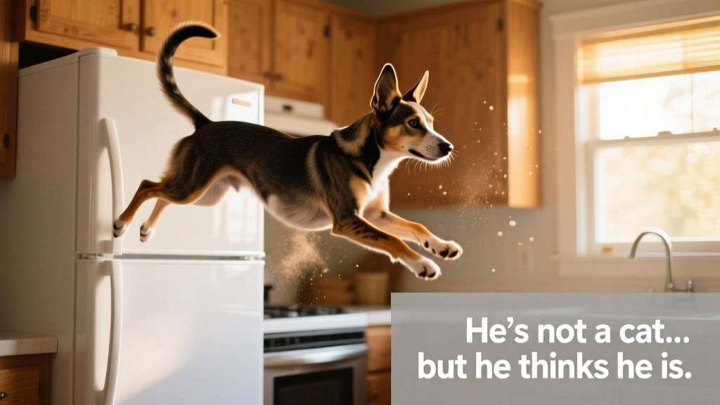 Watch This Dog (Who Definitely Thinks He's a Cat) Hop On Top of the Refrigerator