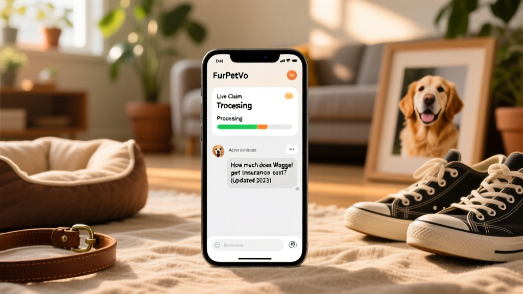 Smartphone showing the FurPetVo app interface with a claim status tracker and chat window