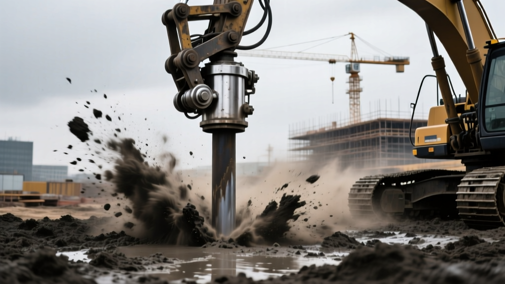 Heavy-duty hydraulic vibratory hammer driving a steel H-pile into dense clay soil at a commercial construction site under an overcast sky