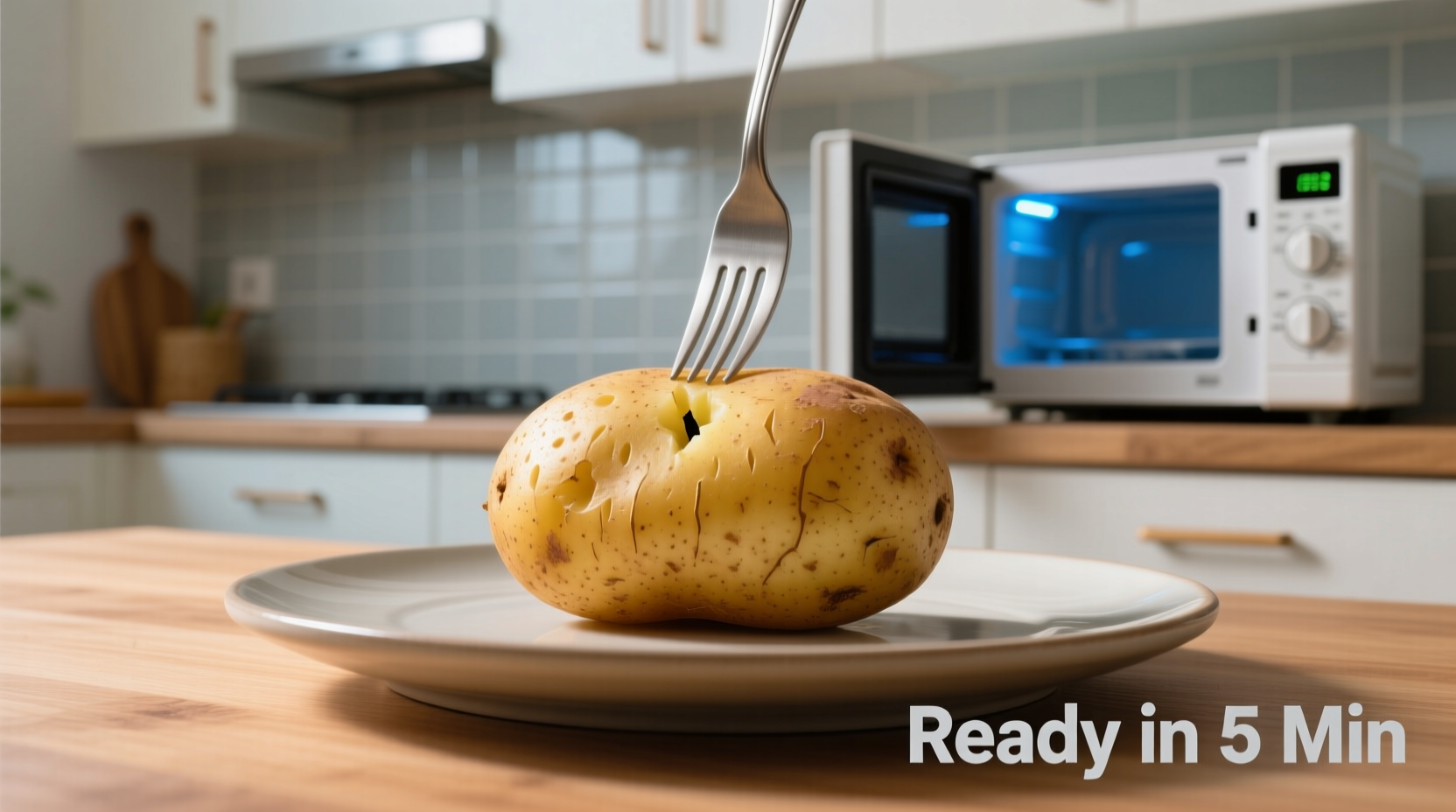 Pierced russet potato ready for microwave