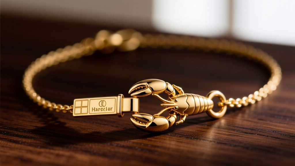 Close-up of a gold satellite necklace lobster clasp showing the hallmark stamp and cleanly soldered jump ring on dark wood