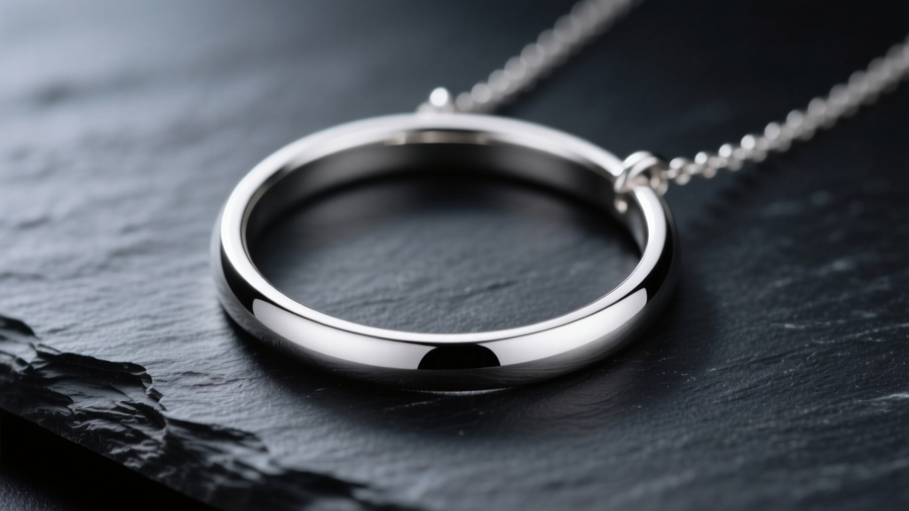 Close-up of a minimalist sterling silver circle necklace resting on dark slate, reflecting soft studio lighting highlights.