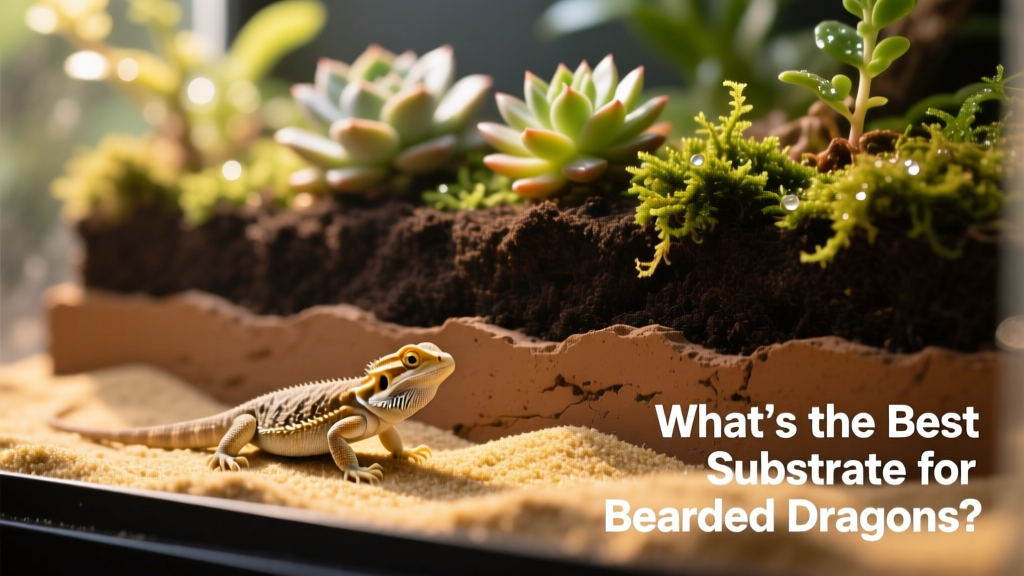 Close-up of a layered bioactive substrate showing sand, soil, excavator clay, and live plants in a bearded dragon enclosure