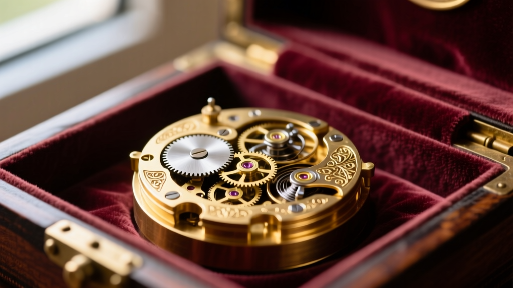 Macro photograph of a vintage Swiss brass cylinder music movement mechanism inside a velvet-lined antique jewelry box compartment