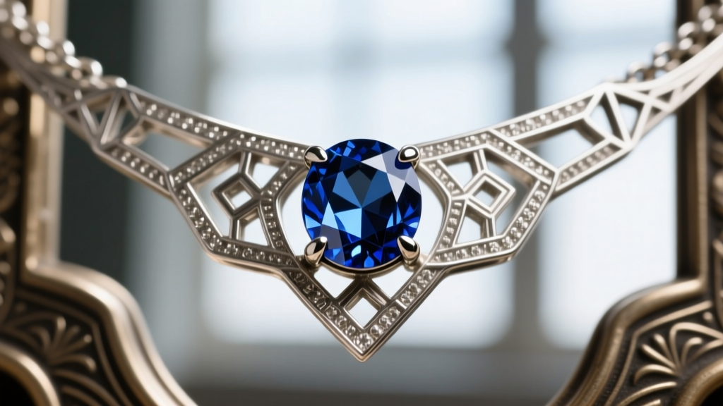 Extreme close-up of claw prongs holding a foil-backed cobalt blue rhinestone in a vintage Art Deco silver-tone necklace setting.