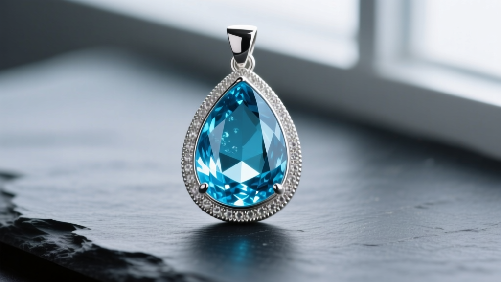 Close-up of a teardrop blue aquamarine pendant in a sterling silver bezel, resting on dark slate under soft lighting.