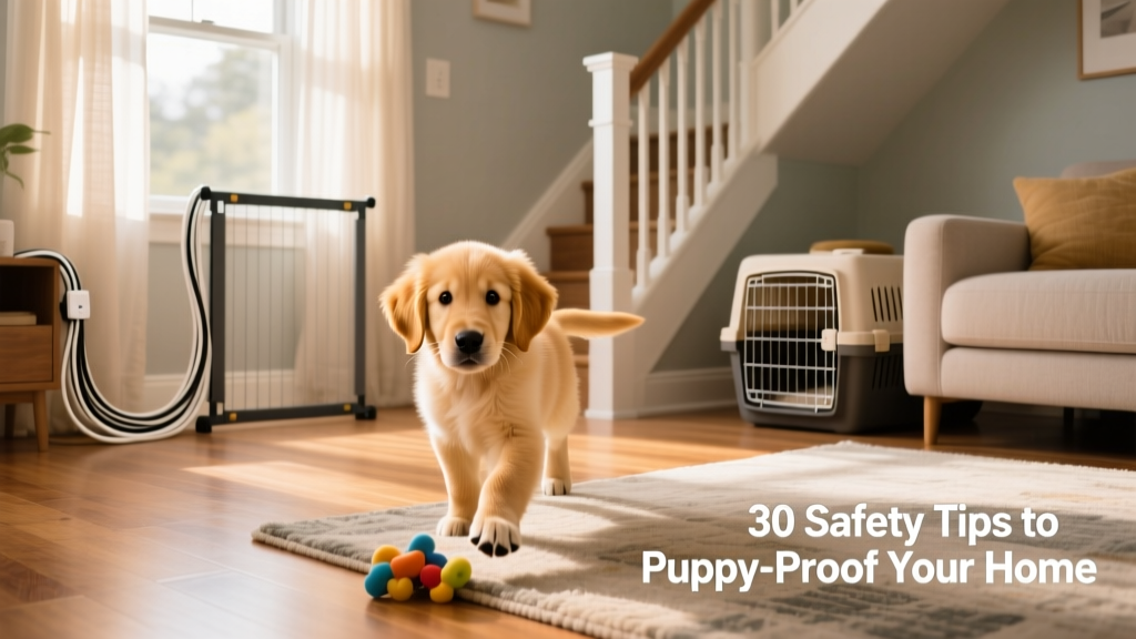 A golden retriever puppy exploring a tidy, safe living room with covered cords, baby-gated stairs, and a crate nearby