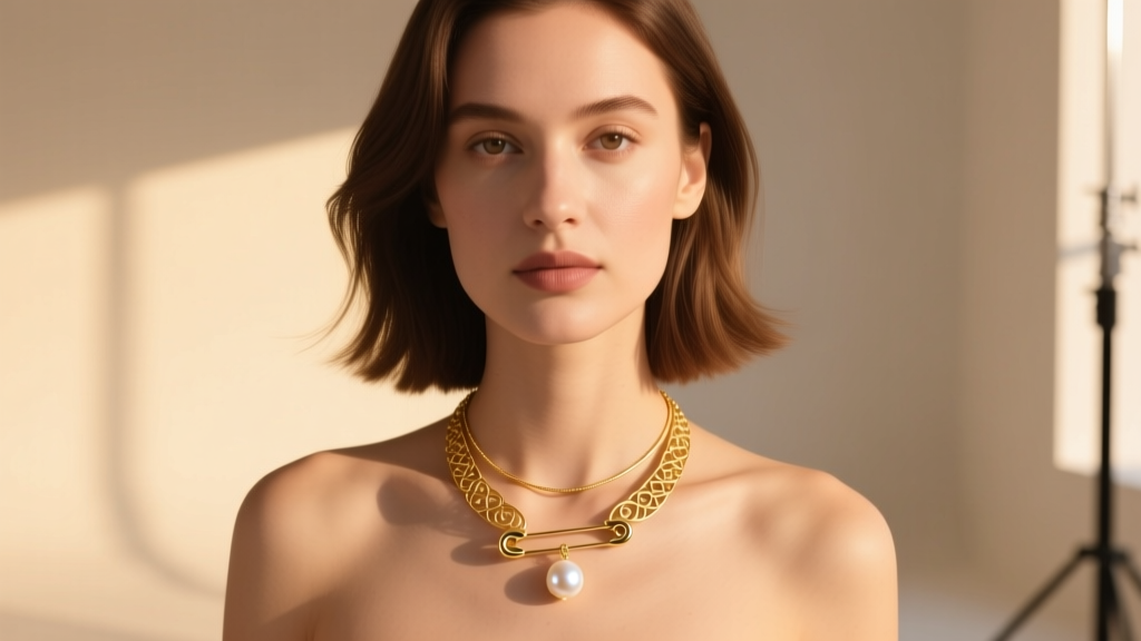 Woman wearing an 18k gold vermeil safety pin necklace layered with a small seed pearl pendant in warm natural sunlight