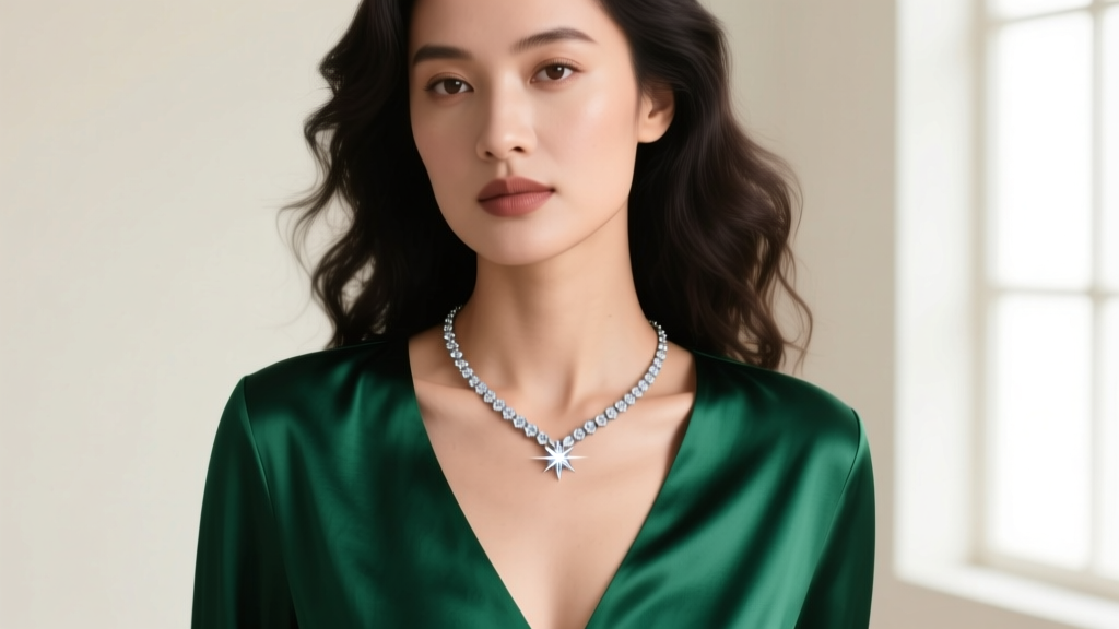 Woman wearing a 16-inch sparkling infinity collier necklace resting on her collarbone, paired with a deep V-neck silk blouse