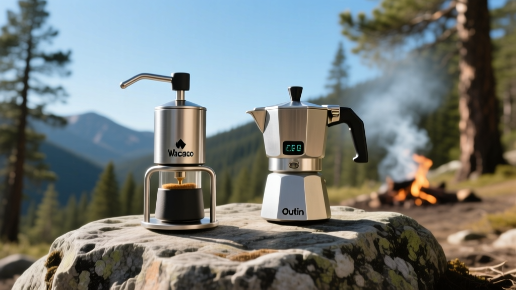 Close-up comparison of a manual Wacaco Nanopresso and an electric Outin Nano side-by-side on a granite boulder during a sunny backcountry camping trip.