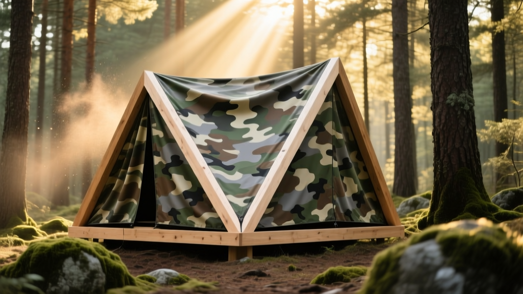 Taut waterproof camouflage fabric stretched over a geometric timber frame for a wildlife observation blind in a dense pine forest