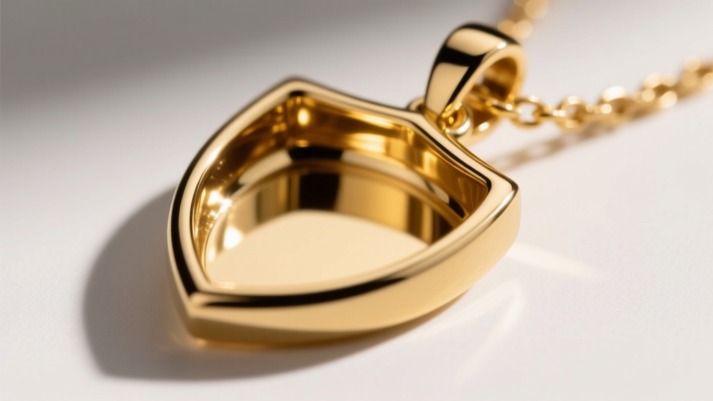 Macro shot of a 14k yellow gold shield pendant bail, showing the smooth interior polish designed to reduce chain friction and wear.