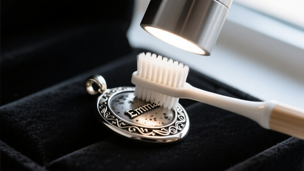 Soft toothbrush gently cleaning the intricate engraved crevices of an oxidized silver Emma pendant under a bright magnifying lamp