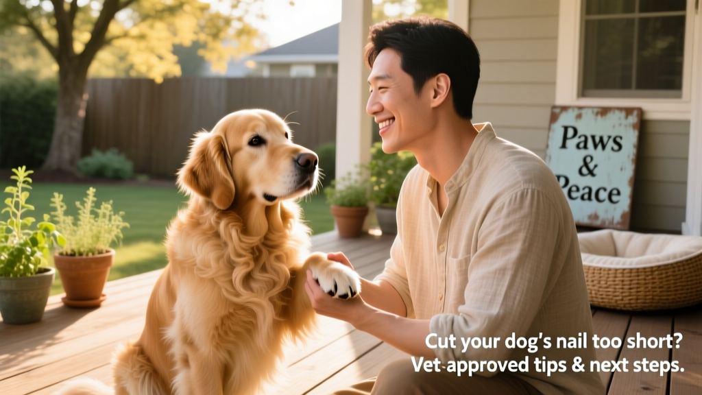 Happy dog sitting calmly while owner gently holds paw, smiling together — symbolizing trust and positive nail care experience