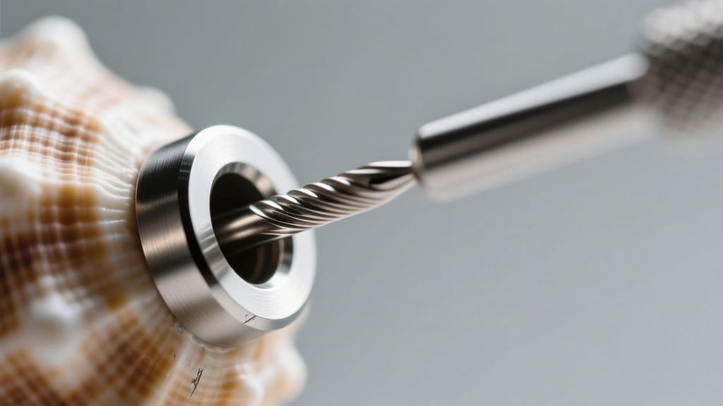Macro shot of a titanium threader post entering a conch piercing, highlighting the smooth bezel edge and brushed metal texture