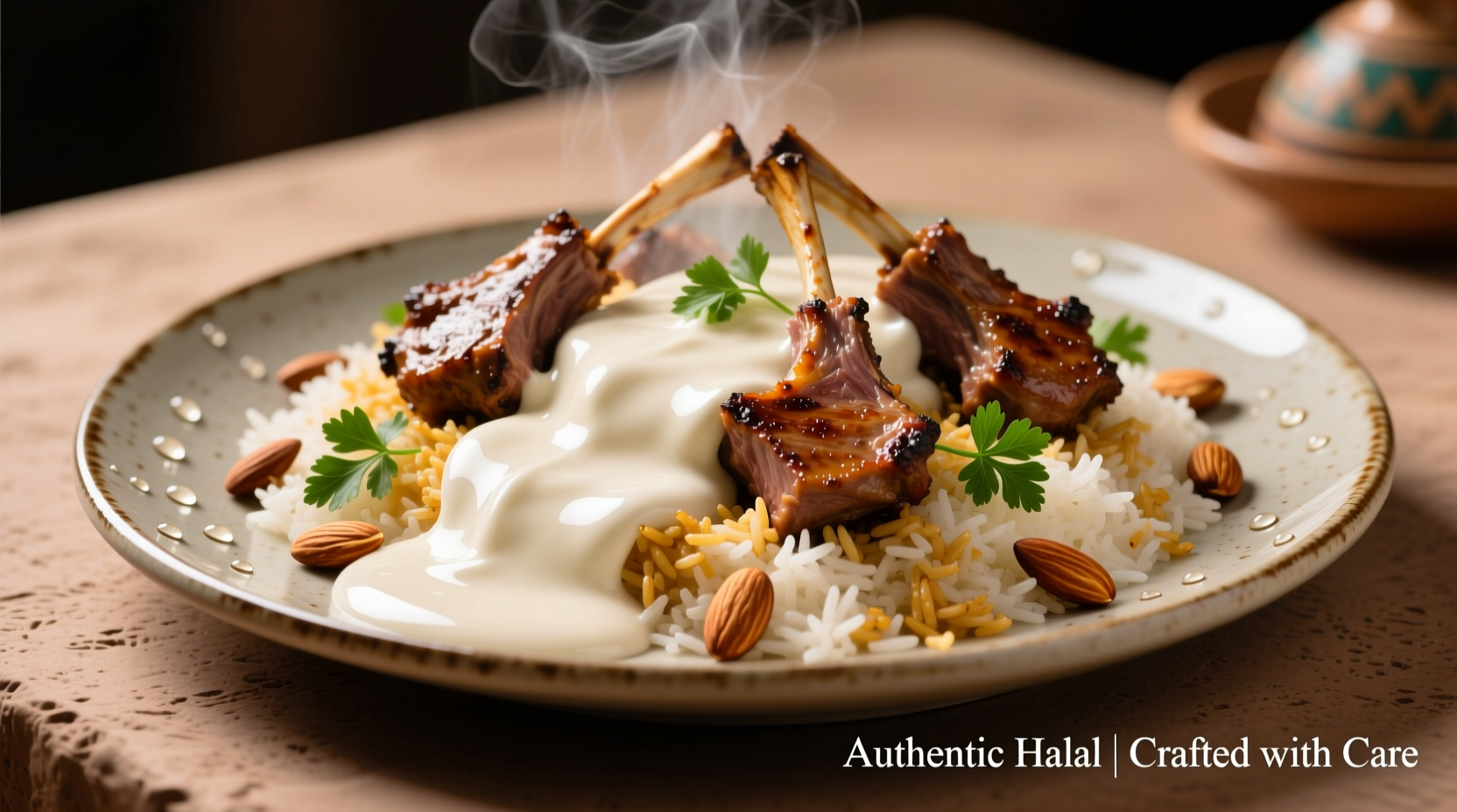 White sauce drizzled over halal platter with rice and meat