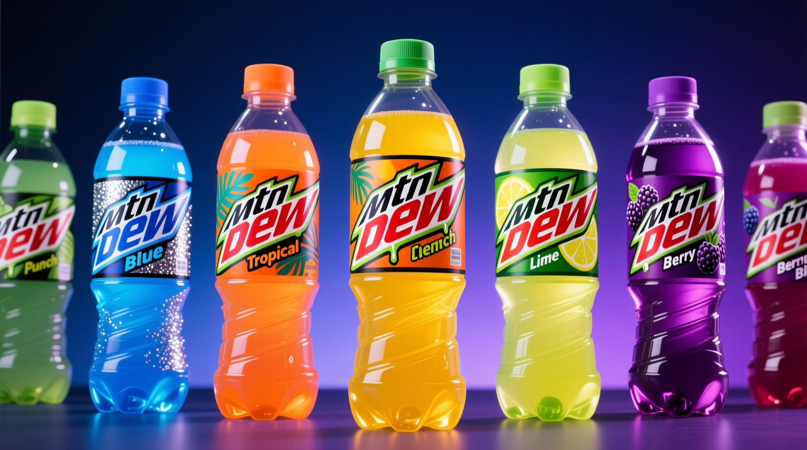 Collection of MTN DEW bottles showing various flavors