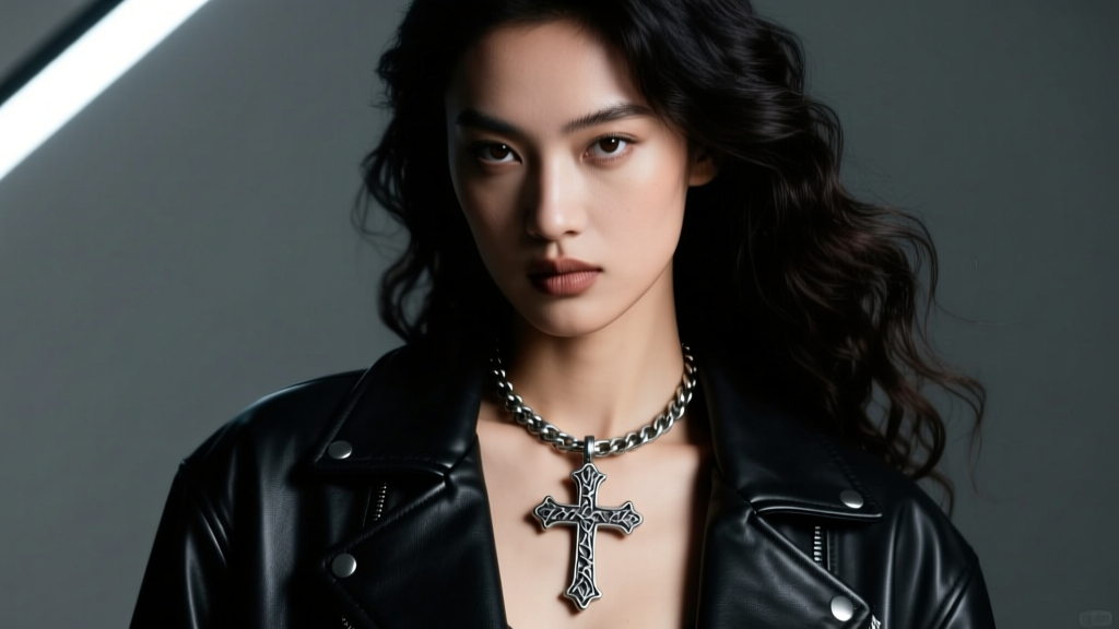 A dramatic, moody studio portrait of a model wearing a thick 5mm oxidized sterling silver nail cross pendant necklace over a dark leather jacket, lit with directional rim lighting.