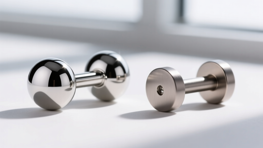 Macro comparison of polished 316L steel and matte ASTM F136 titanium navel barbells, showing surface texture and color differences.