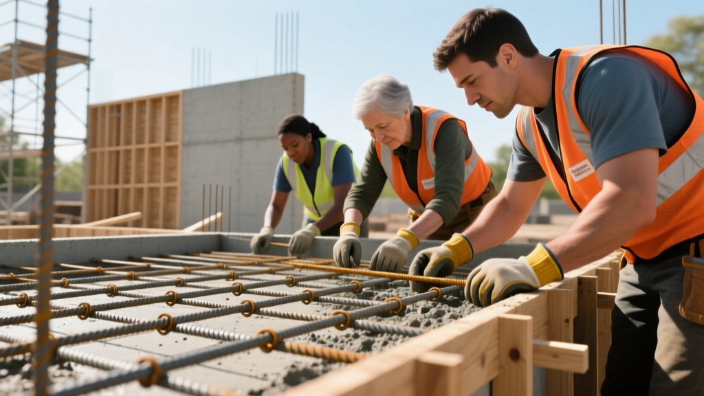 Volunteers inspecting rebar grid and post-tension cables on a concrete slab foundation formwork for a non-profit affordable housing project
