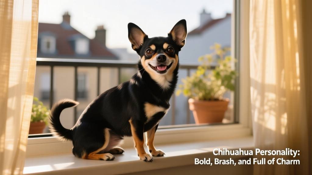 A smiling Chihuahua sitting confidently on a sunlit windowsill, ears perked and eyes alert