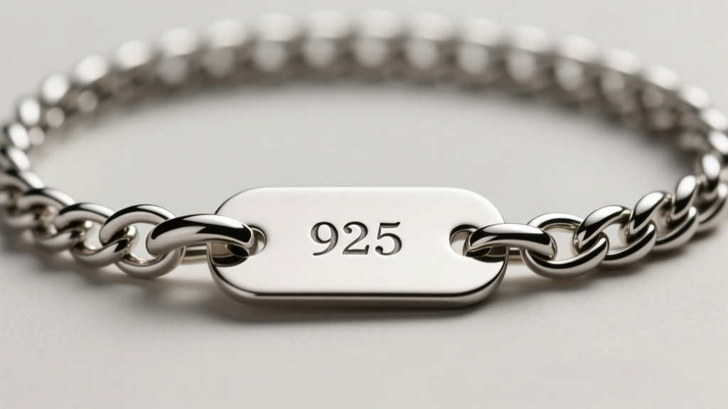 Macro shot of a silver rolo chain and lobster clasp, showing the tiny 925 hallmark stamp clearly engraved on the flat metal tag.