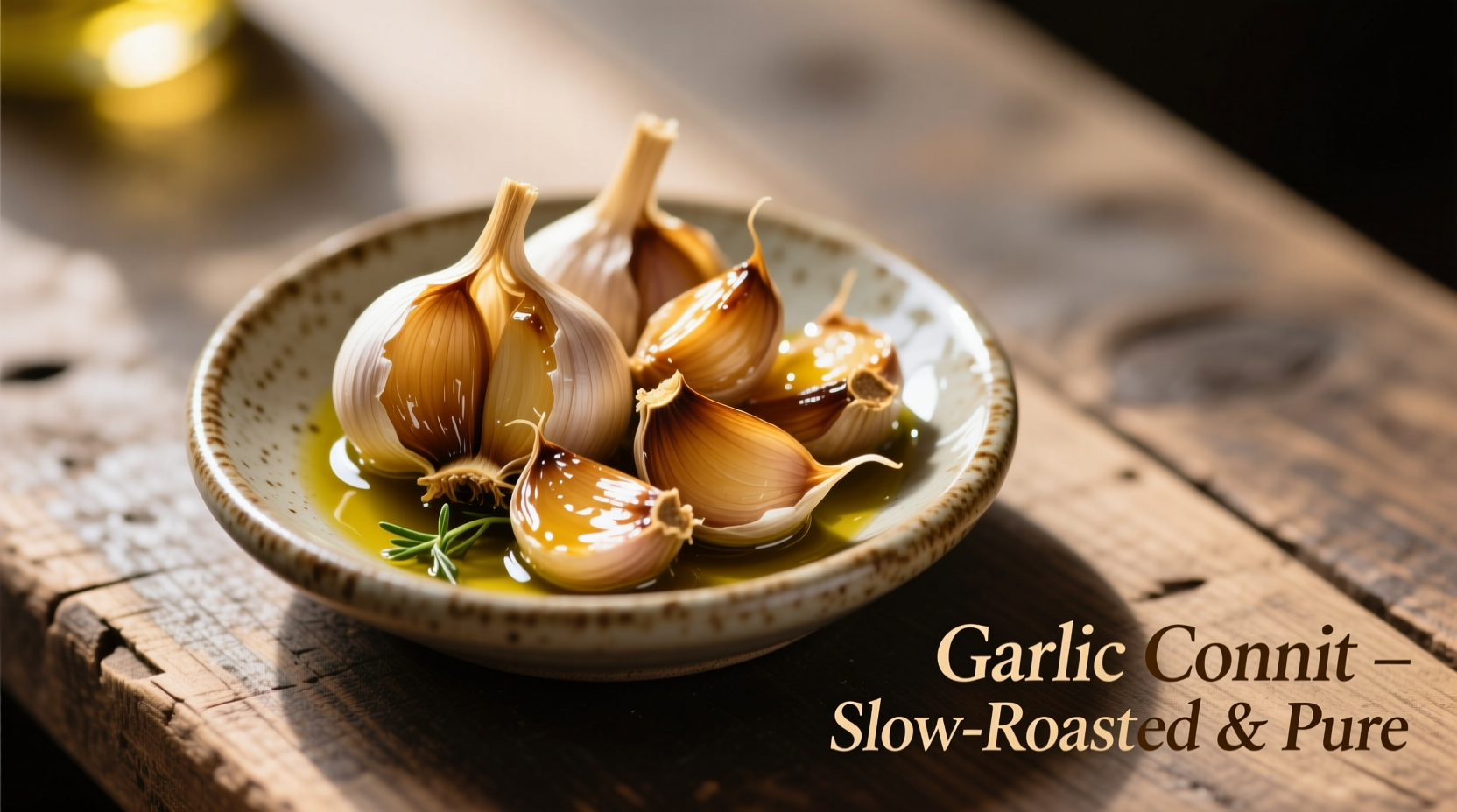 Oven garlic confit in small ceramic dish