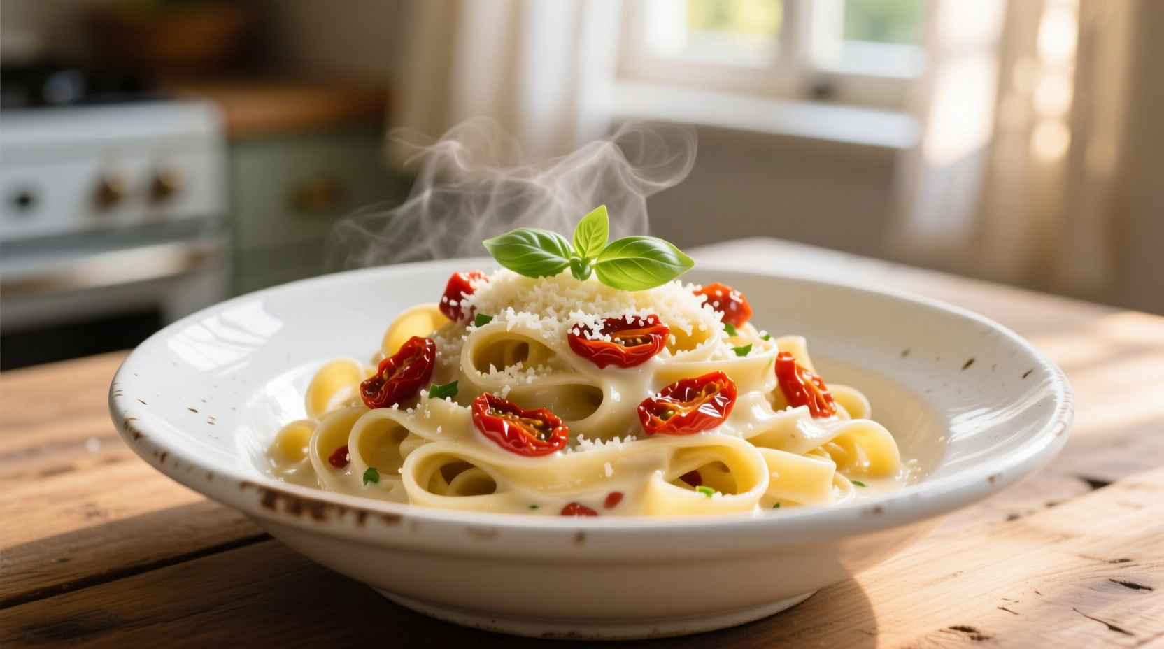 Creamy sun dried tomato fettuccine alfredo in white bowl