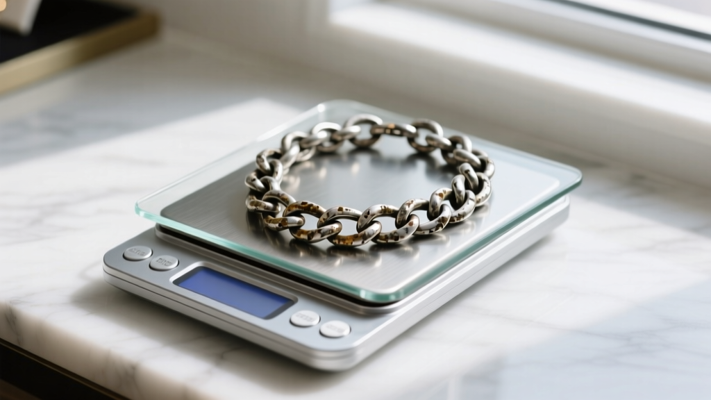 Digital scale weighing a tarnished vintage chunky silver link necklace to calculate melt value on a jeweler