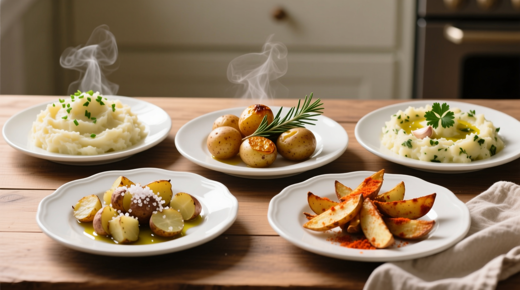 Five easy potato side dishes on white plates