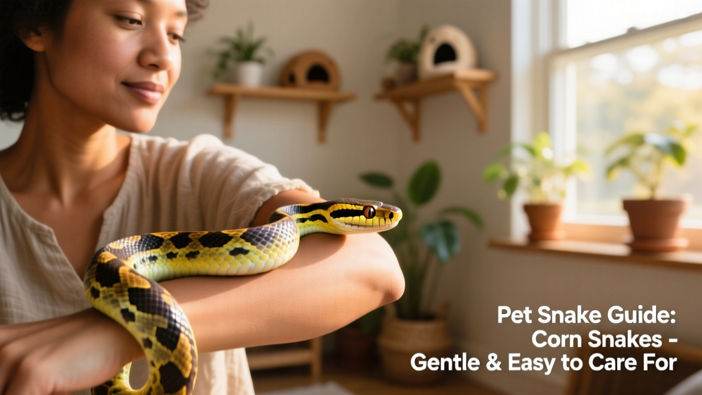 A calm, well-socialized corn snake coiled gently on a handler's arm