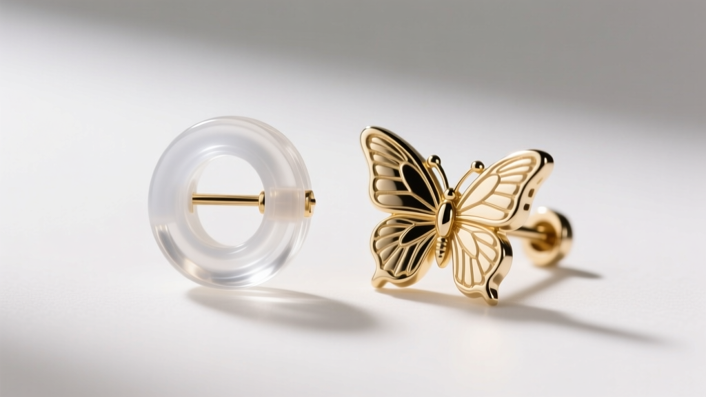 Macro of clear medical-grade silicone earring back beside an 18k white gold butterfly friction clutch under bright studio lights.
