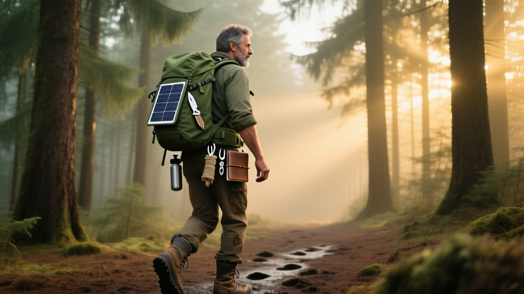 Rugged man hiking through a dense pine forest with a foldable solar panel attached to his backpack and sustainable EDC gear on his belt.